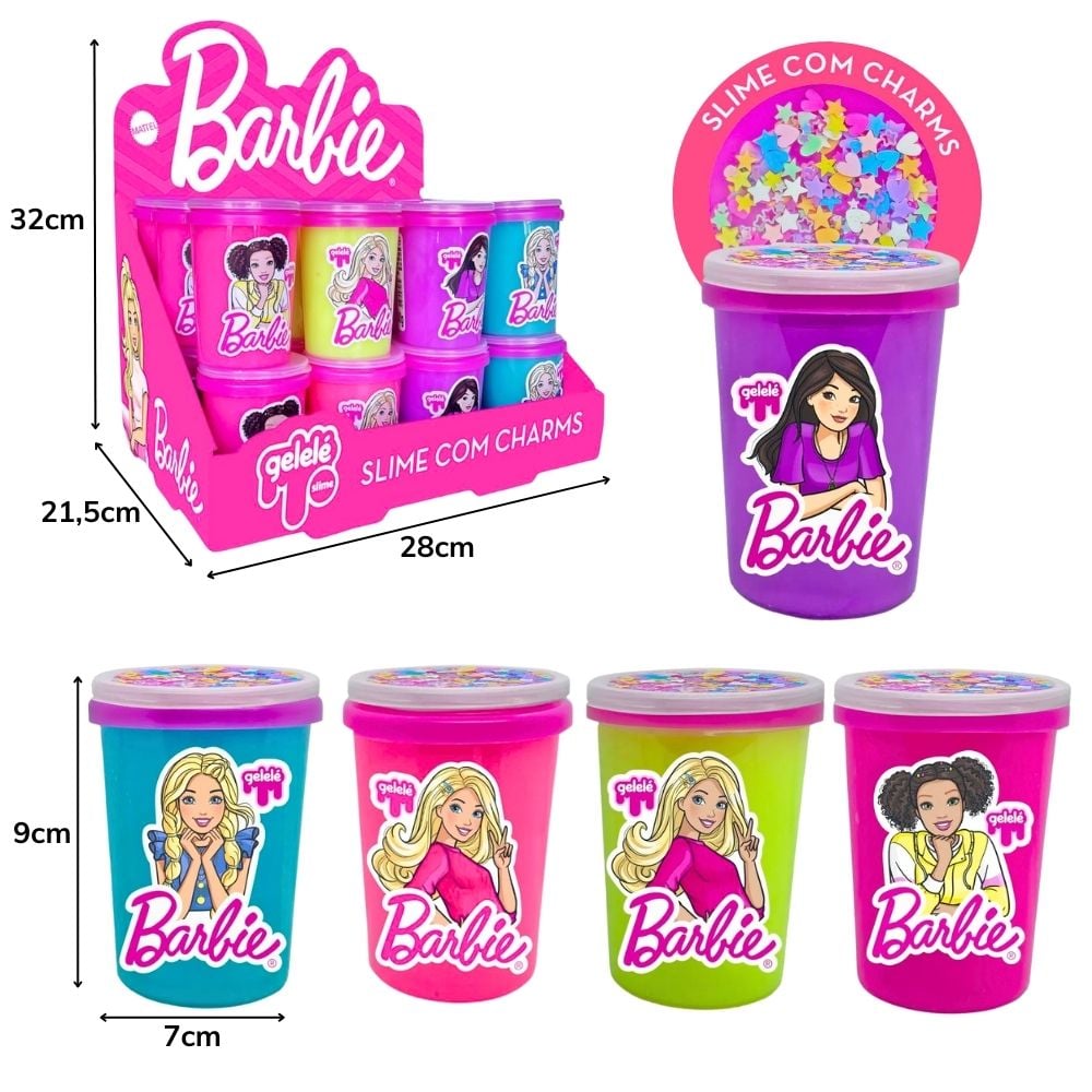 B - SLIME BARBIE CORES VARIADAS , POTE DE 180G NO DISPLAY COM 24 PEÇAS