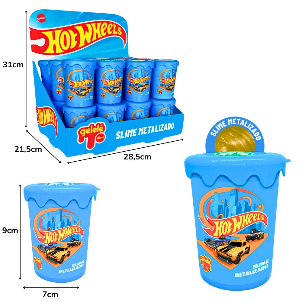 B - SLIME HOT WHEELS METALIZADO COM CORES VARIADAS , POTE DE 180G NO DISPLAY COM 24 PEÇAS