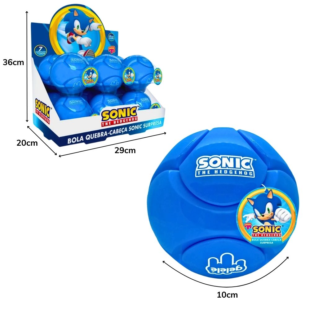 B - BOLA QUEBRA CABEÇA SONIC COM SLIME 70G E ESMERALDA SURPRESA NO DISPLAY COM 12 PEÇAS