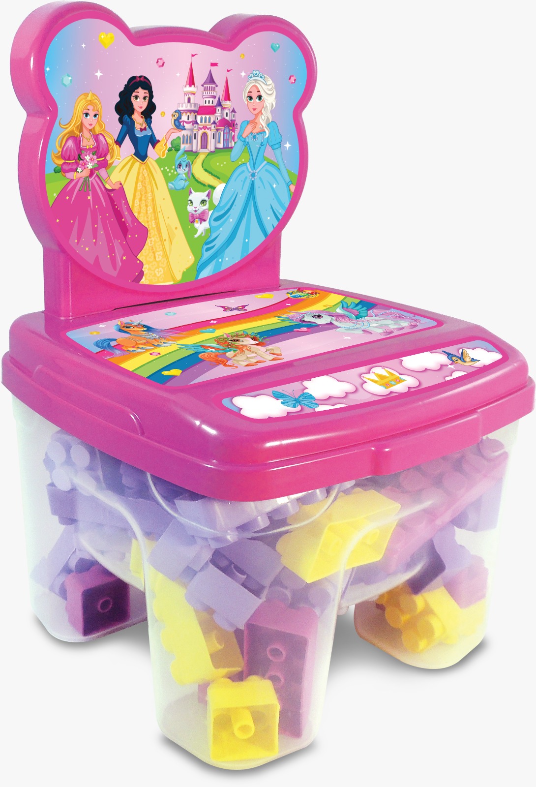 G - CADEIRA TEMA PRINCESAS COM 48 BLOCOS GRANDES E COLORIDOS DE MONTAR 