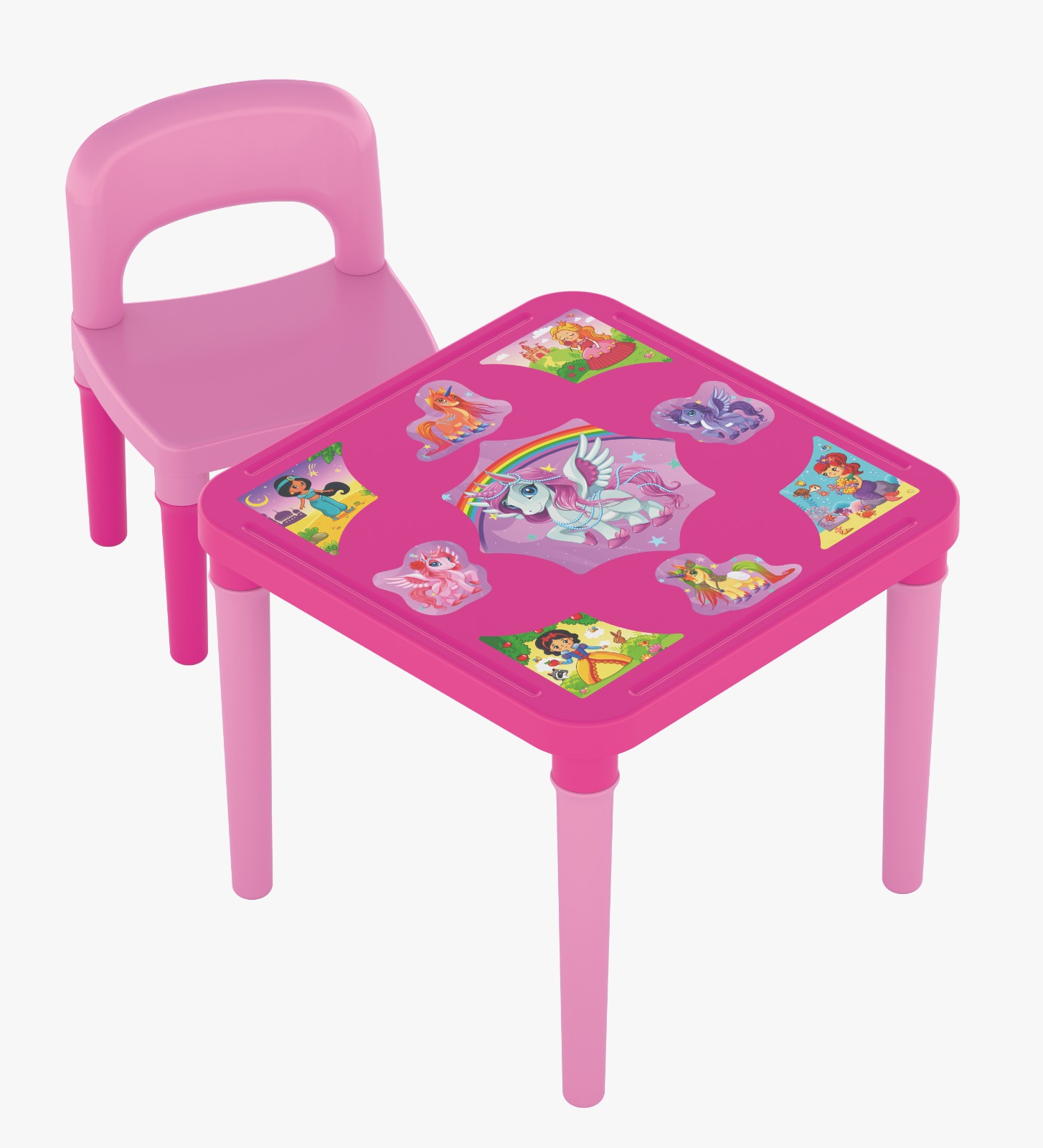G - MESA COM CADEIRA TEMA UNICORNIO (ACOMPANHA 9 ADESIVOS PARA PERSONALIZAR)