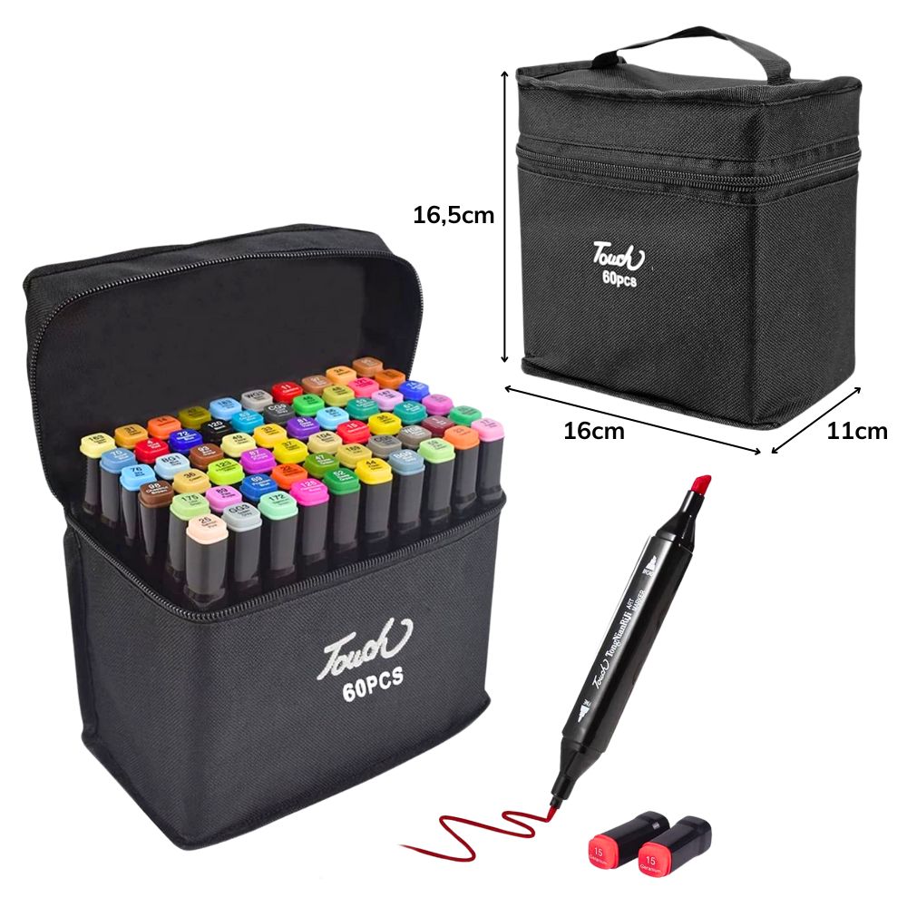 A - ESTOJO DE CANETAS DE PINTURA DE PONTA DUPLA COM 60 PEÇAS E CORES VARIADAS