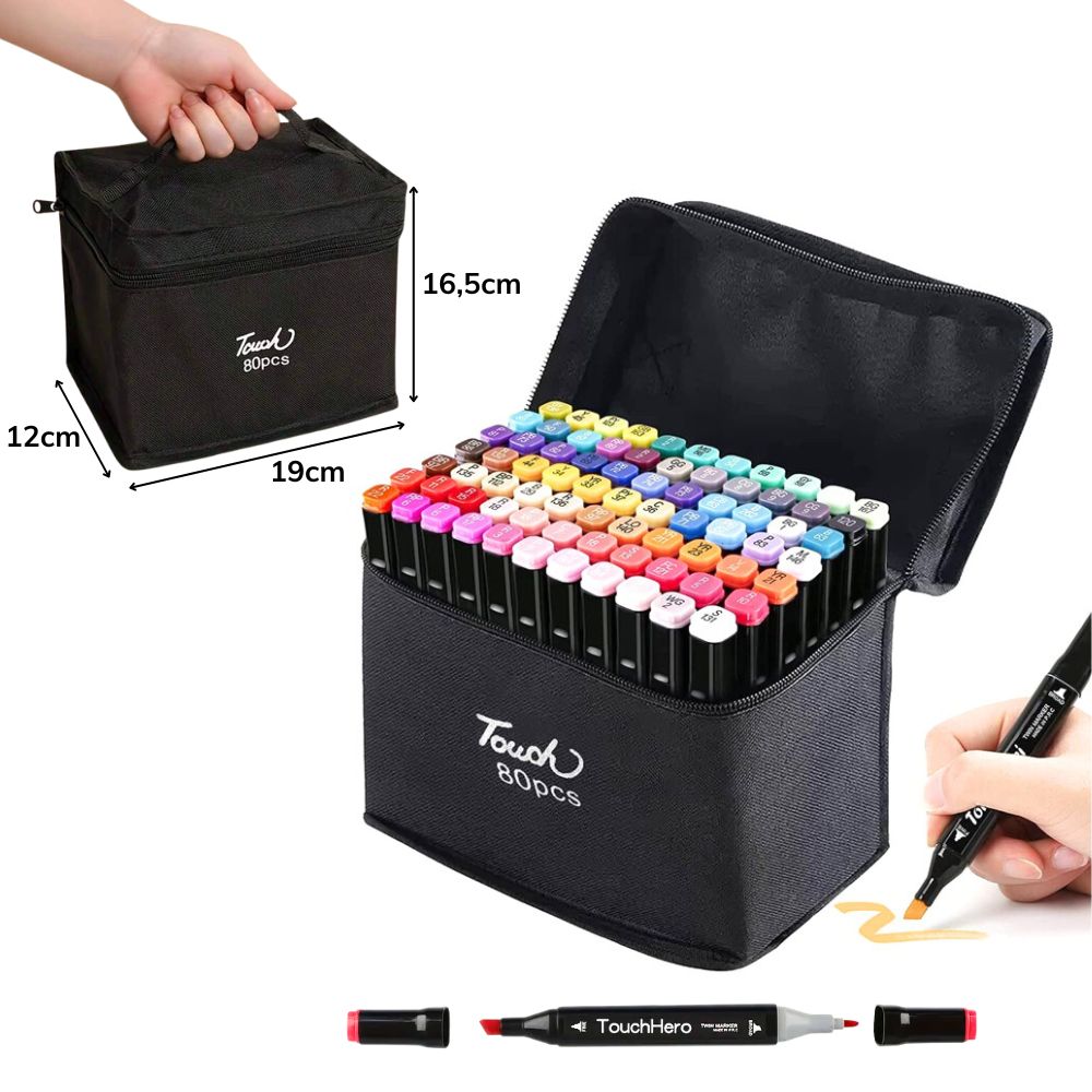 A - ESTOJO DE CANETAS DE PINTURA DE PONTA DUPLA COM 80 PEÇAS E CORES VARIADAS