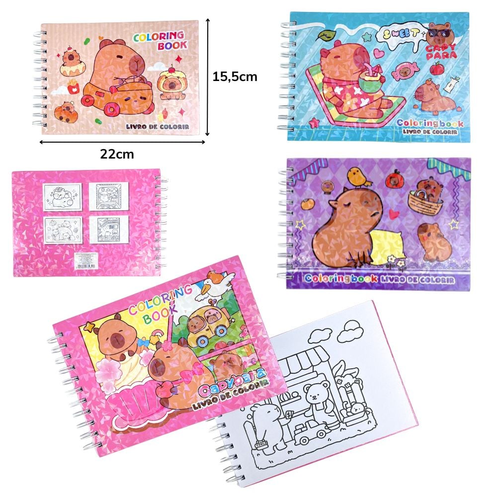 A - CADERNO DE PINTURA TEMA CAPIVARA COM 46 FOLHAS, CAPA DURA BRILHANTE COM CORES ESTAMPAS VARIADAS