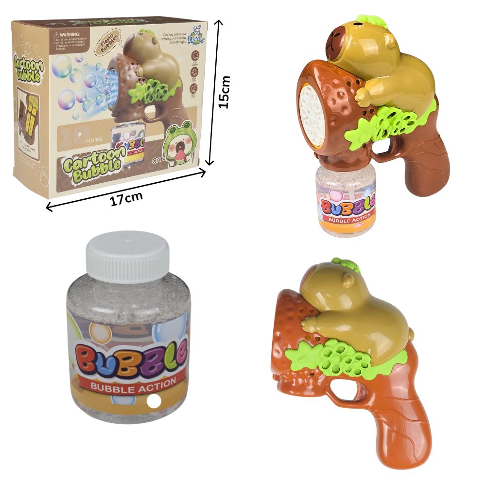 D - PISTOLA LANÇA BOLHAS DE SABÃO TEMA CAPIVARA Á PILHA COM CORES VARIADAS