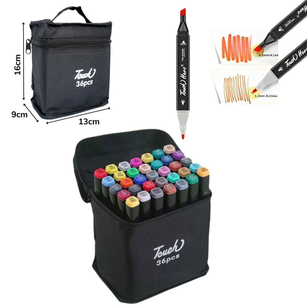 A - ESTOJO DE CANETAS DE PINTURA DE PONTA DUPLA COM 36 PEÇAS E CORES VARIADAS