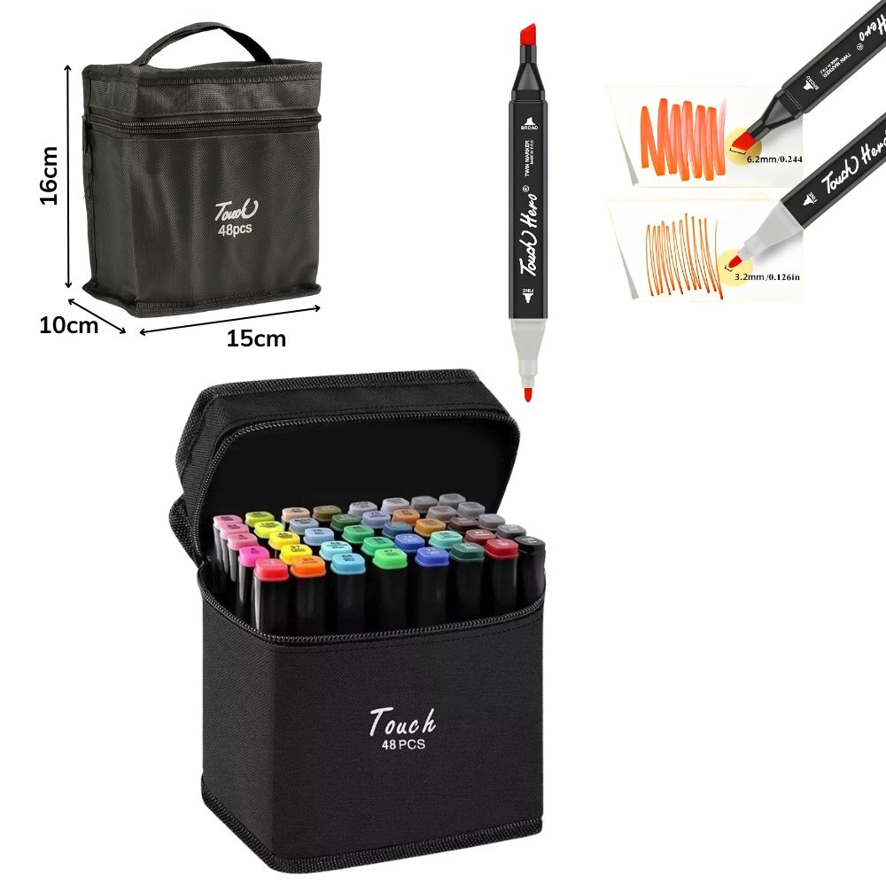 A - ESTOJO DE CANETAS DE PINTURA DE PONTA DUPLA COM 48 PEÇAS E CORES VARIADAS