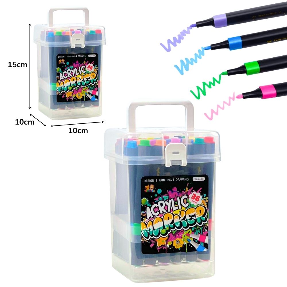 B - BOX ACRILICO DE CANETAS DE PINTURA DE PONTA UNICA COM 36 PEÇAS E CORES VARIADAS