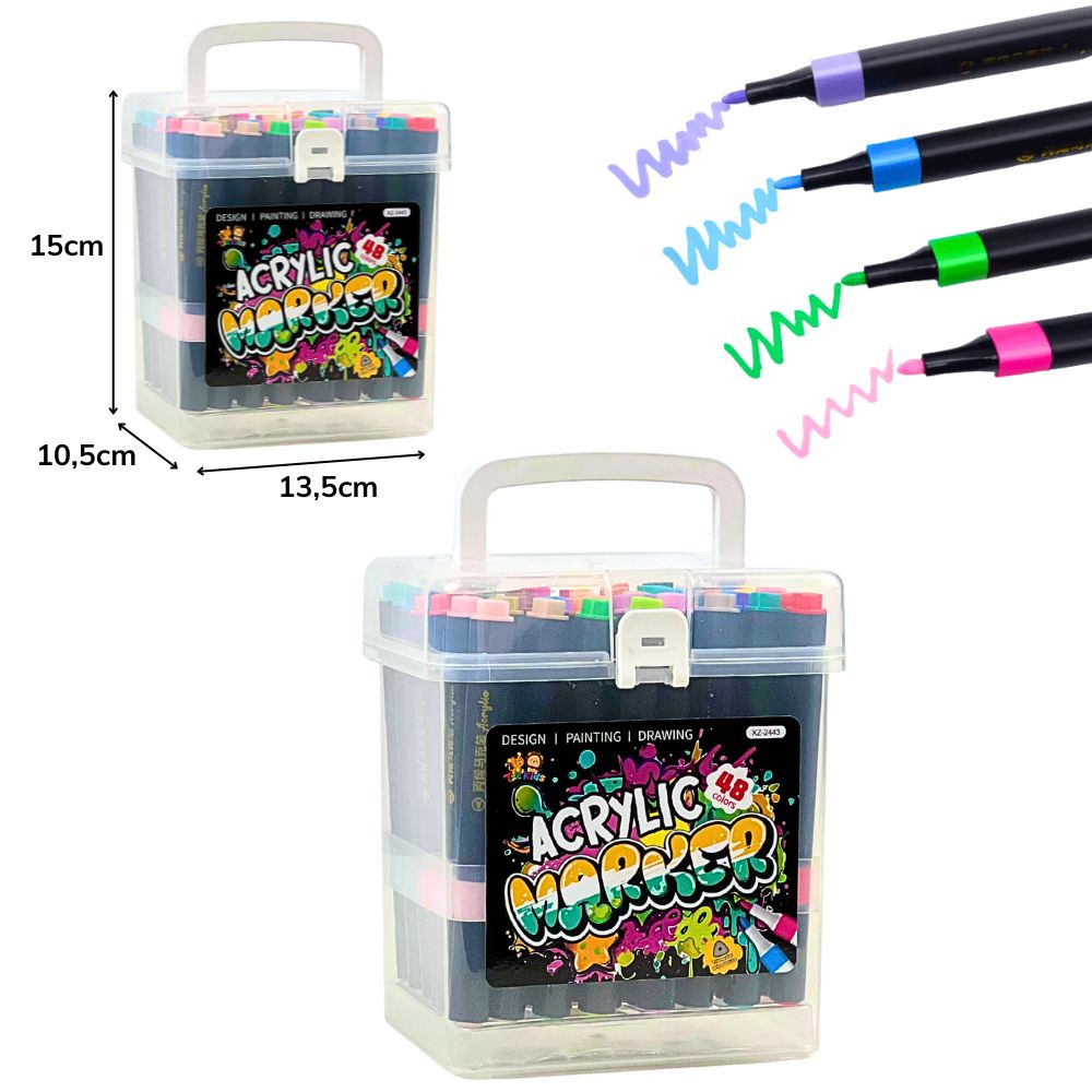 B - BOX ACRILICO DE CANETAS DE PINTURA DE PONTA UNICA COM 48 PEÇAS E CORES VARIADAS