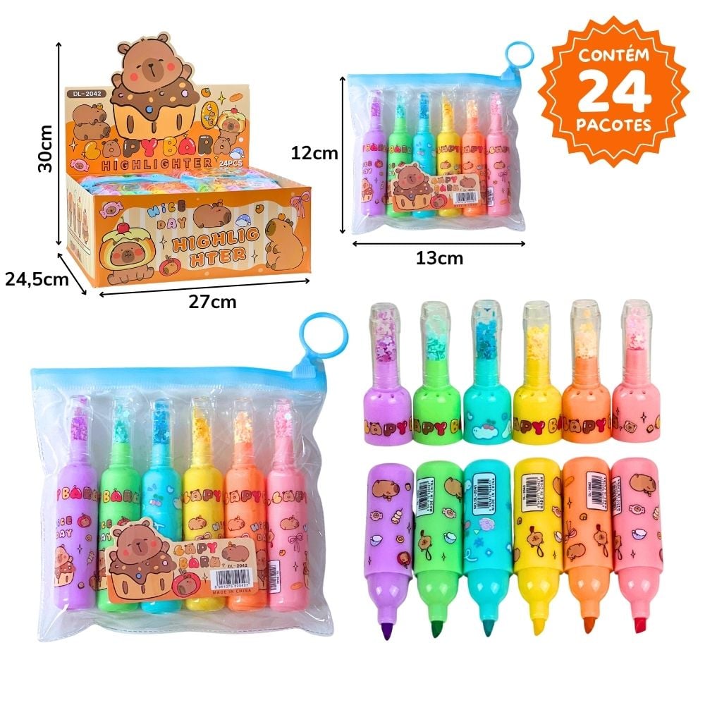 A - MINI MARCA TEXTO TEMA CAPIVARA COM PONTA UNICA E 6 UNIDADES COM CORES VARIADAS NO DISPLAY C/ 24 PCS