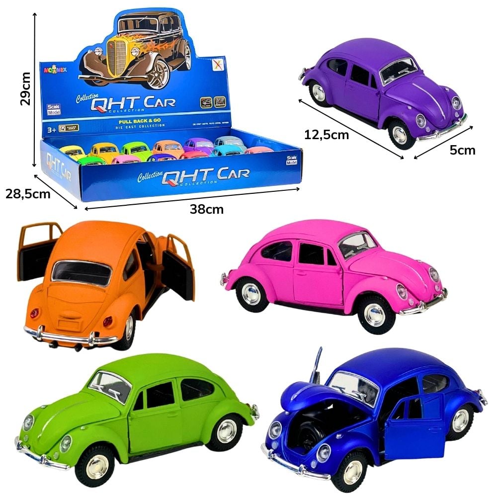 C - KIT COLEÇÃO FUSCA DE METAL COM PINTURA FOSCA E CORES VARIADAS NO DISPLAY C 12 PÇS