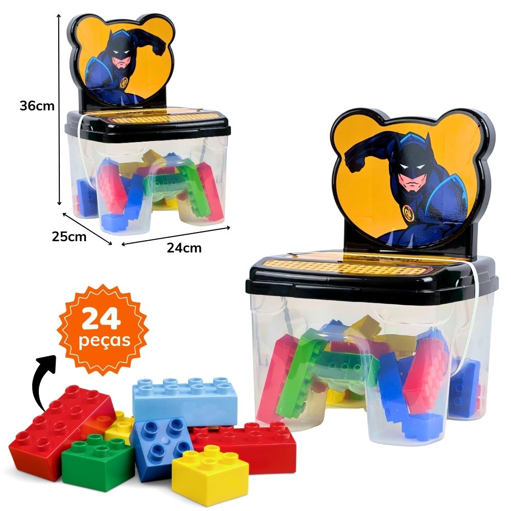 G - CADEIRA TEMA BATMAN COM 24 BLOCOS GRANDES E COLORIDOS DE MONTAR