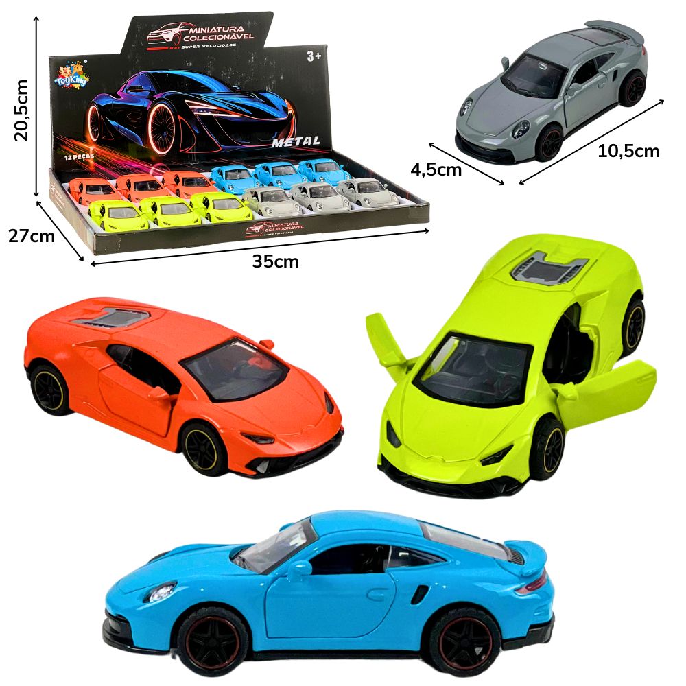 C - KIT COLEÇÃO PORSCHE E LAMBORGHINI DE METAL COM CORES VARIADAS NO DISPLAY C/ 12 PEÇAS