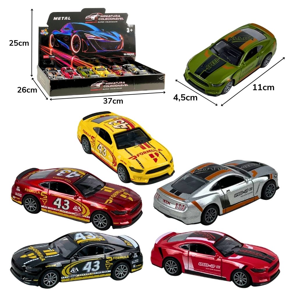 C - KIT COLEÇÃO MUSTANG DE CORRIDA DE METAL COM CORES VARIADAS NO DISPLAY C/ 12 PEÇAS