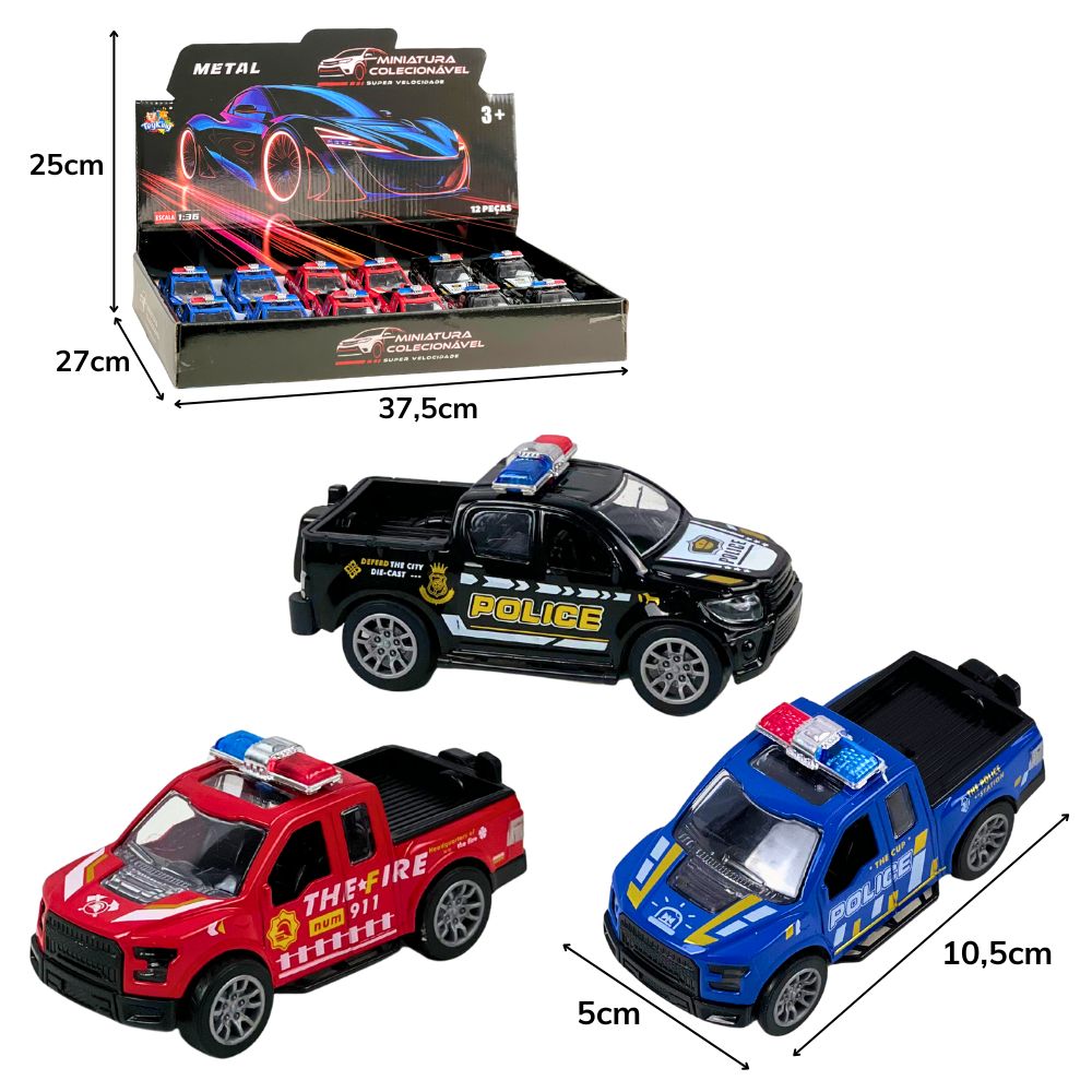 C - KIT COLEÇÃO PICKUP TEMA POLICIA E BOMBEIRO DE METAL COM CORES VARIADAS NO DISPLAY C/ 12 PEÇAS