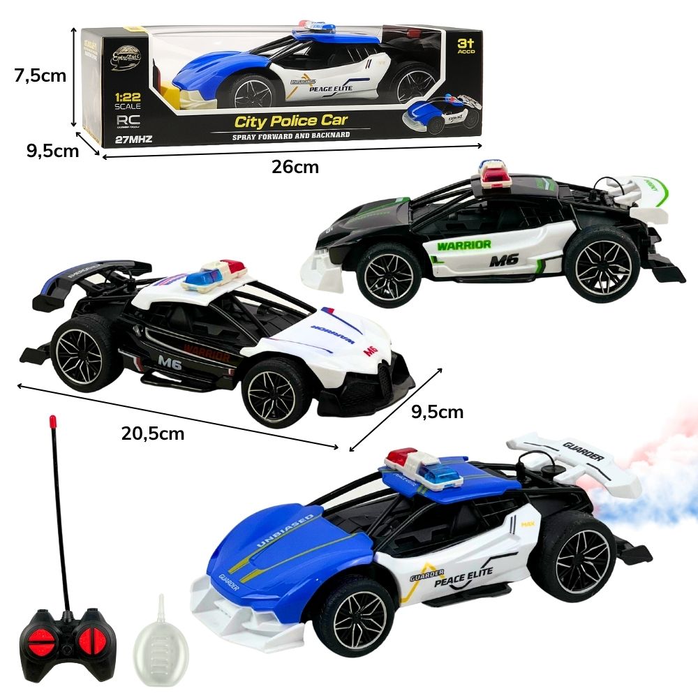 F - CARRO DE CONTROLE REMOTO TOTAL TEMA POLICIA SOLTA FUMAÇA COM CORES VARIADAS