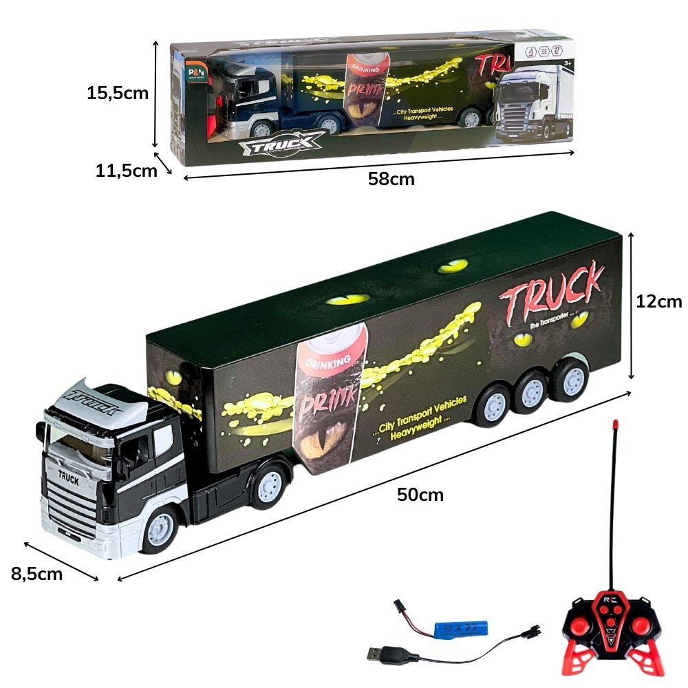 ***F - CAMINHÃO BAU COM VISUAL DE BEBIDA ENERGETICA DE CONTROLE REMOTO TOTAL. (BATERIA RECARREGAVEL)