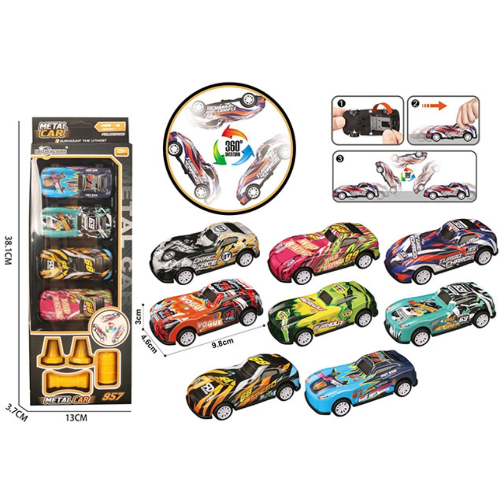 ***A - COLEÇÃO CARRINHOS METALIZADOS QUE GIRA 360 COM 4 PEÇAS E ACESSORIOS