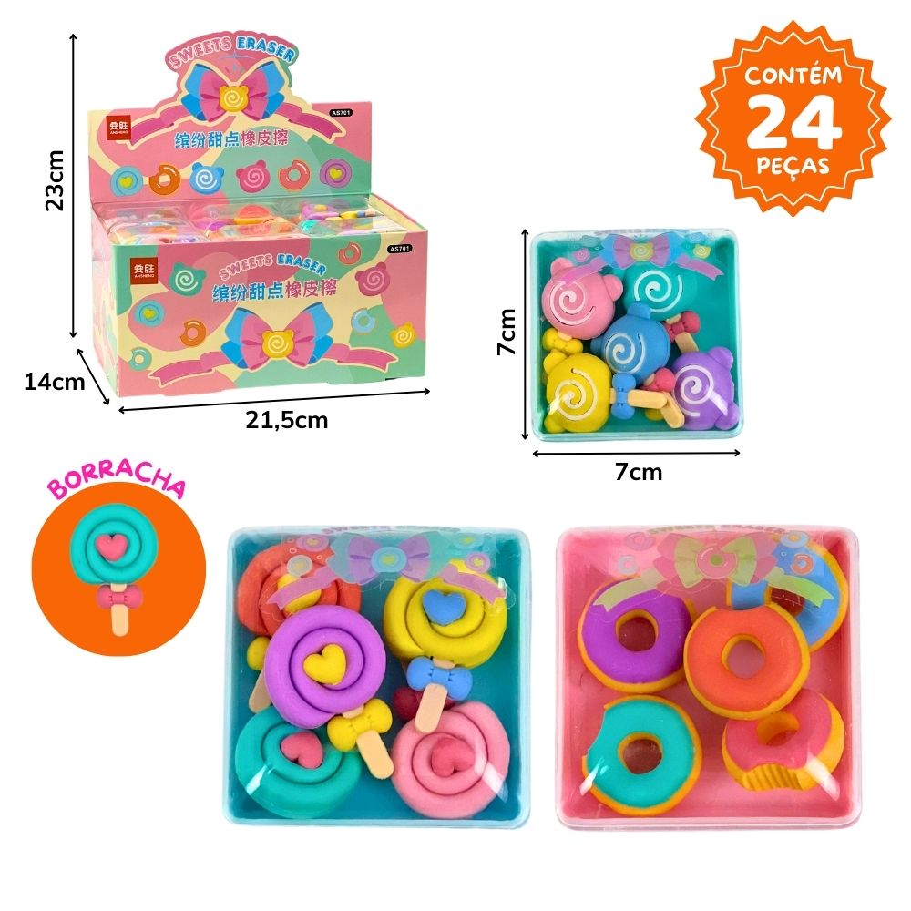A - KIT DE BORRACHAS TEMA GULOSEIMAS NO DISPLAY COM 24 PEÇAS E MODELOS VARIADOS