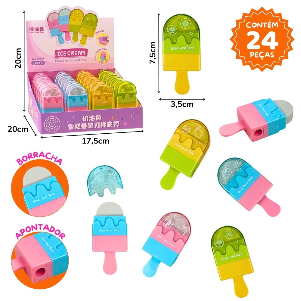 A - APONTADOR COM BORRACHA TEMA SORVETE NO DISPLAY COM 24 PEÇAS E CORES VARIADAS