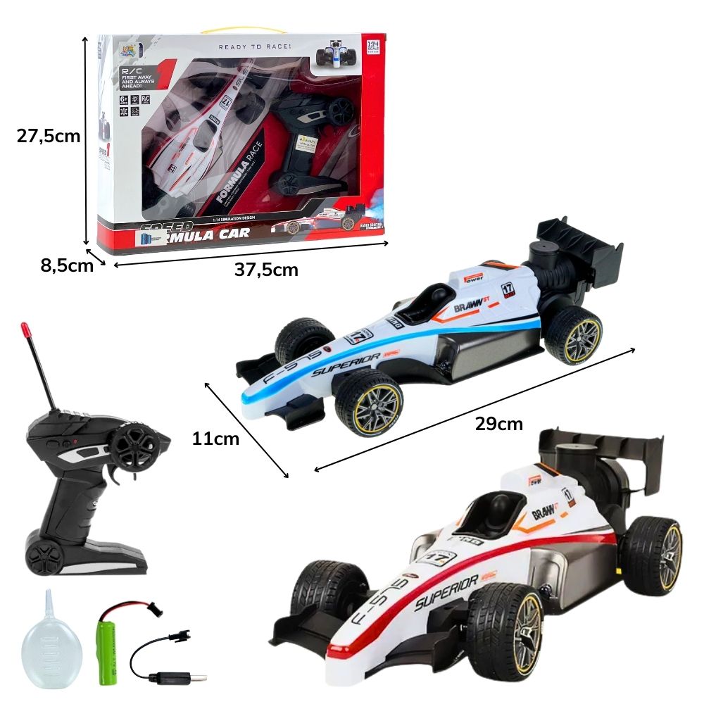 F - CARRO DE CONTROLE TOTAL F1 RECARREGAVEL QUE SOLTA FUMACA COM CORES VARIADAS