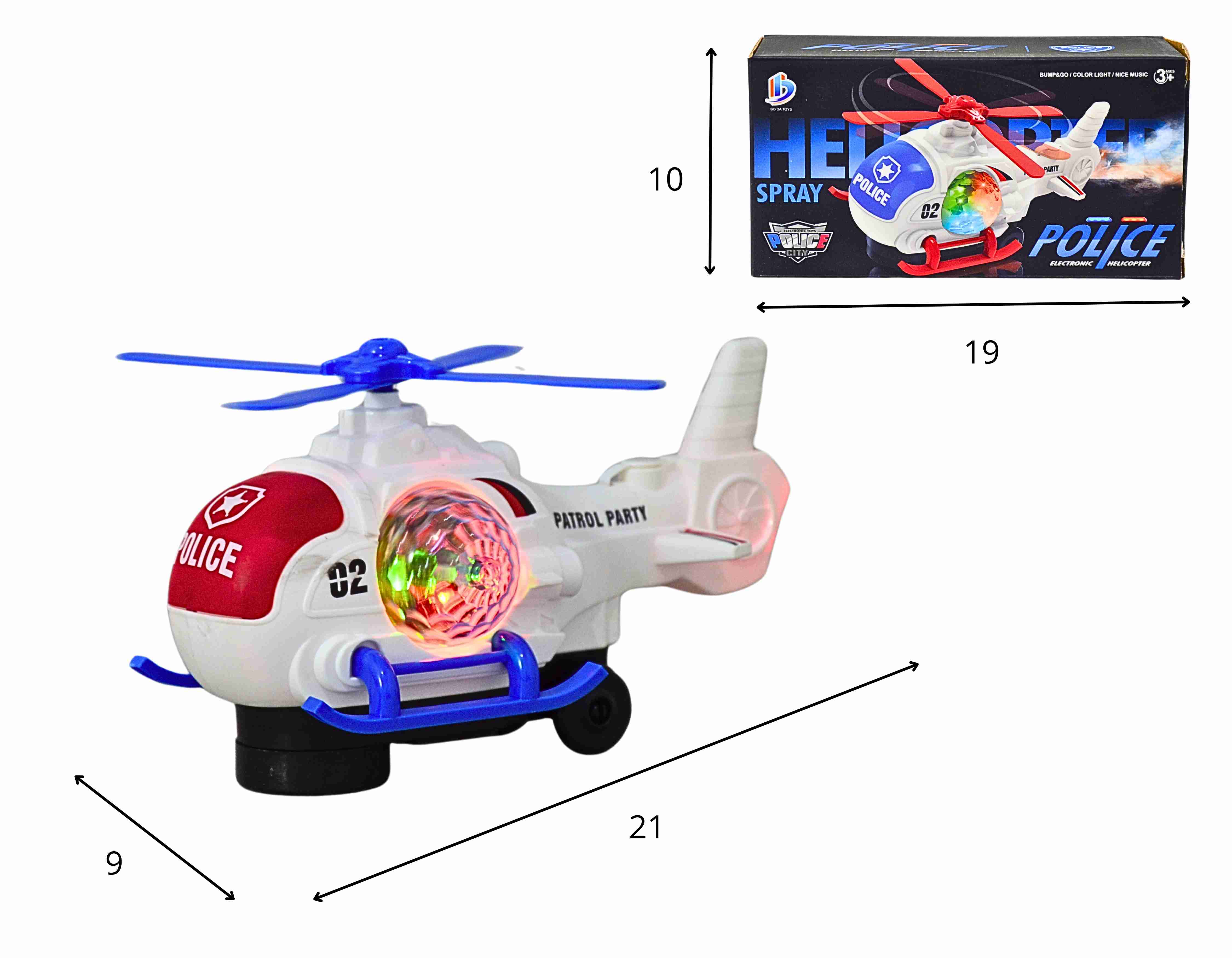 D - HELICOPTERO TEMA POLICIA Á PILHA BATE E VOLTA COM SOM E ILUMINAÇÃO