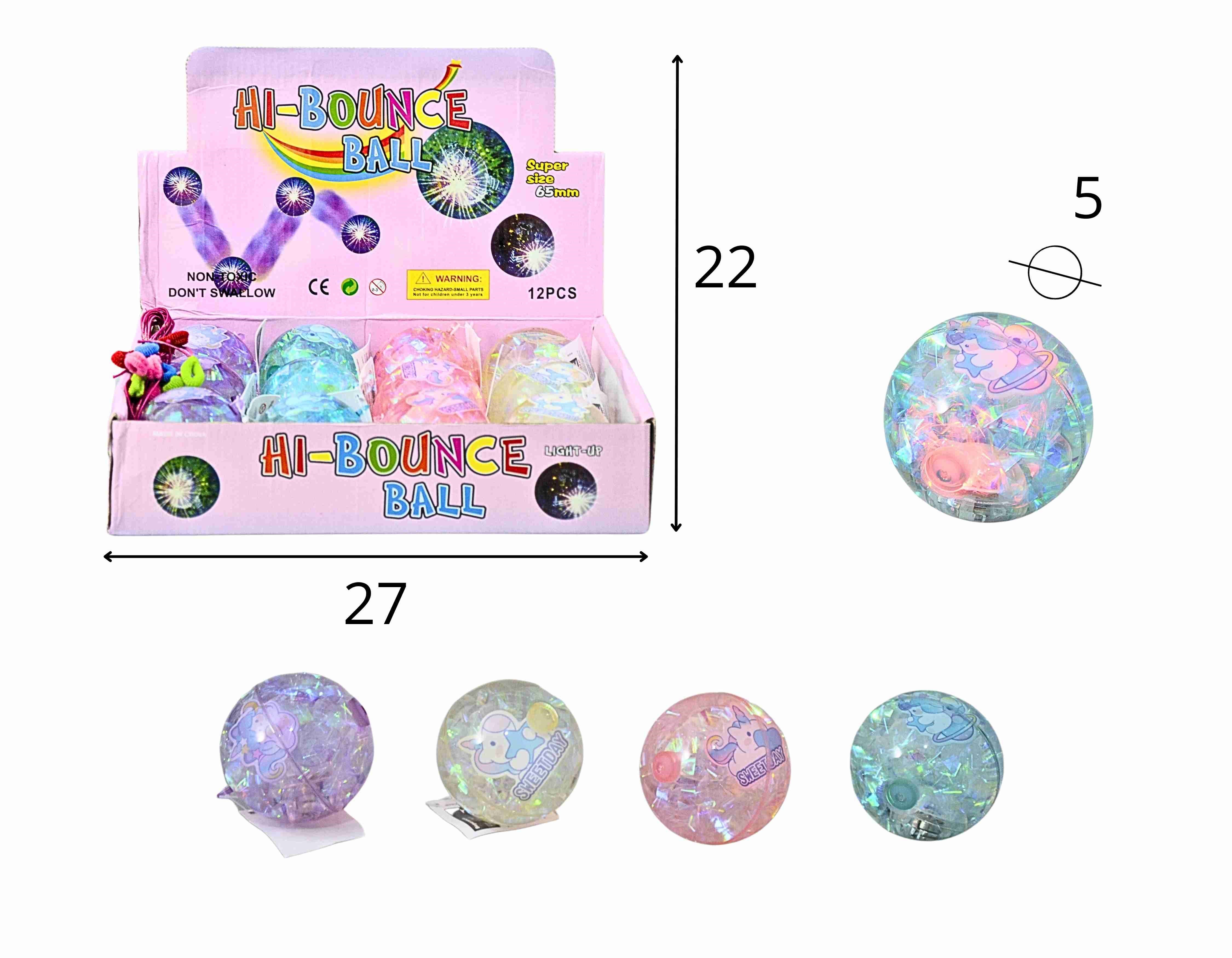 B - BOLA DE BORRACHA TRANSPARENTE COM ADESIVO DE UNICORNIO E LUZ