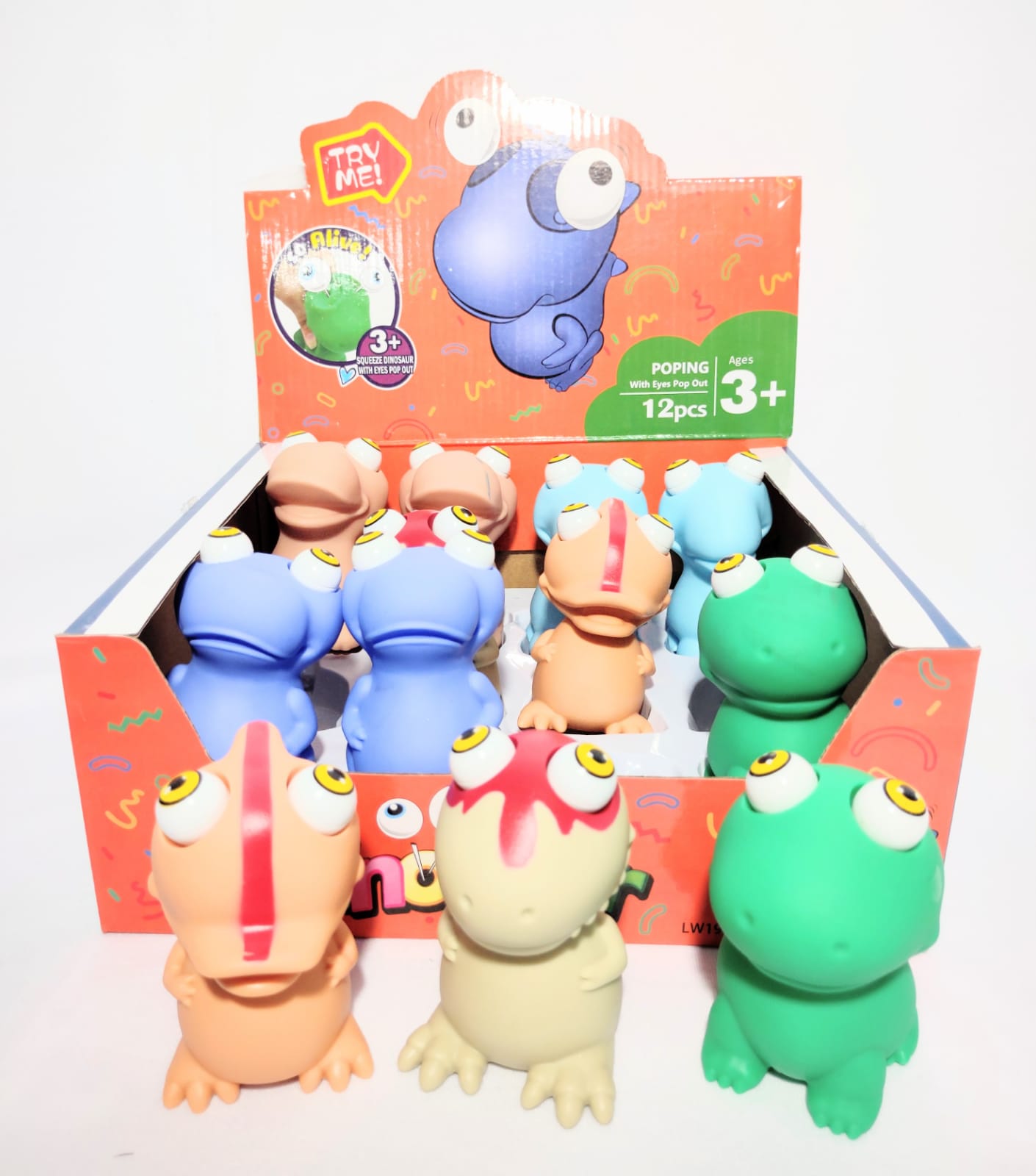 E - DINOSSAURO DE APERTAR SALTA OS OLHOS DISPLAY C/12 PÇS (CAIXA FECHADA R$ 11,90 + FT -> 48 PEÇAS)