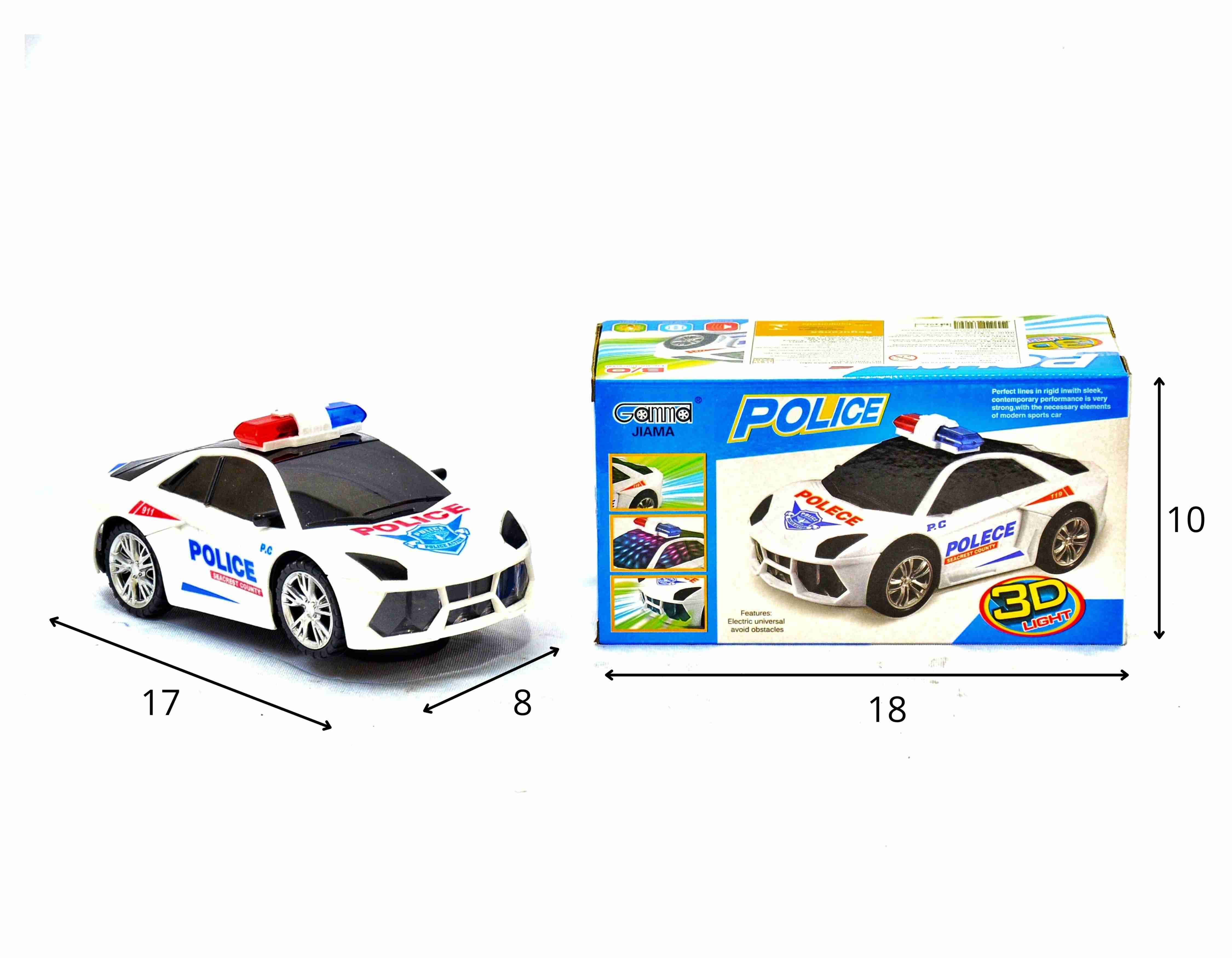 D - CARRO A PILHA POLICE 3D BATE E VOLTA COM SOM E LUZ (CAIXA FECHADA R$ 33,90 -> 12 PEÇAS)