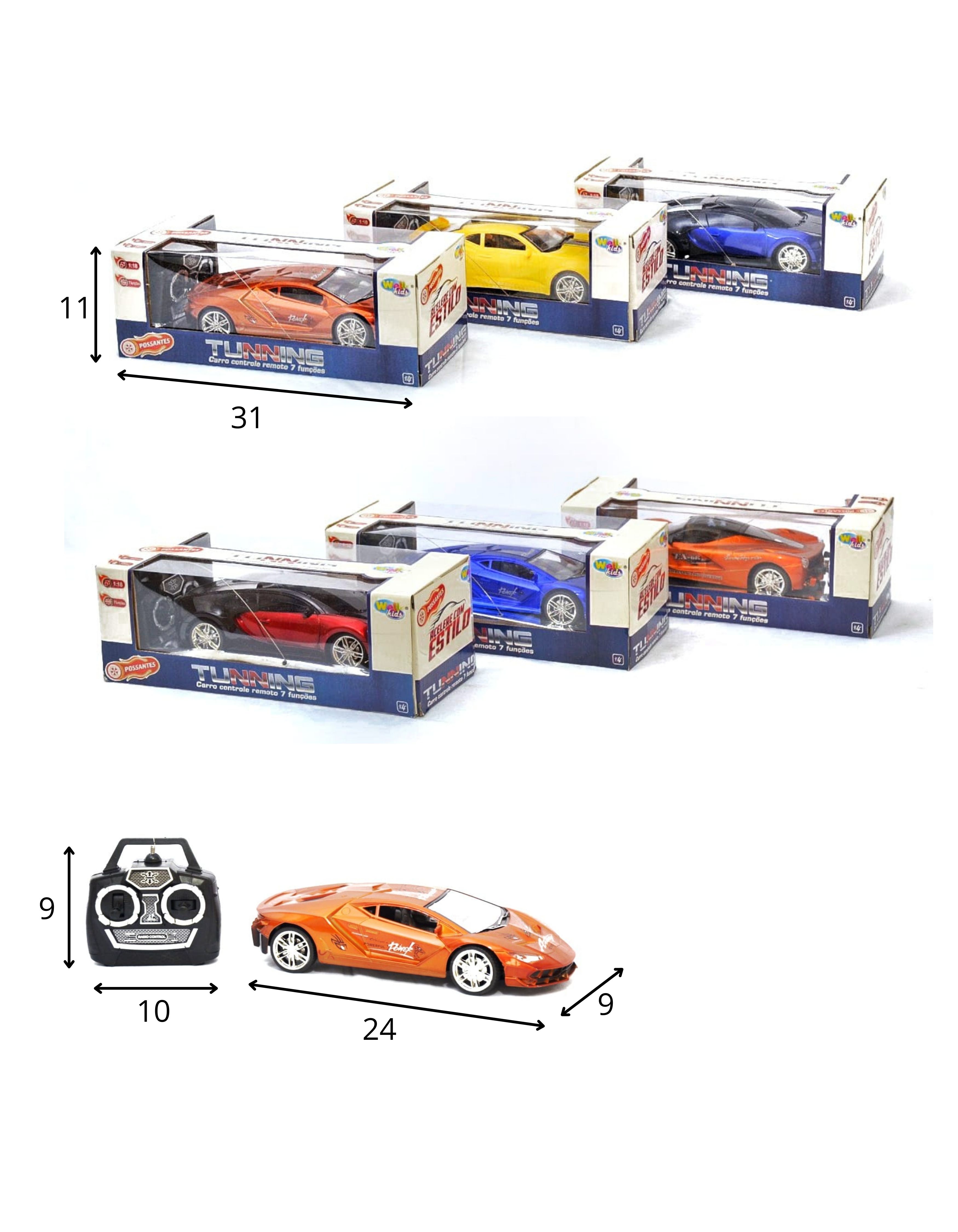 F - CARRO DE CONTROLE TOTAL TUNNING, COM 6 MODELOS E CORES VARIADAS 