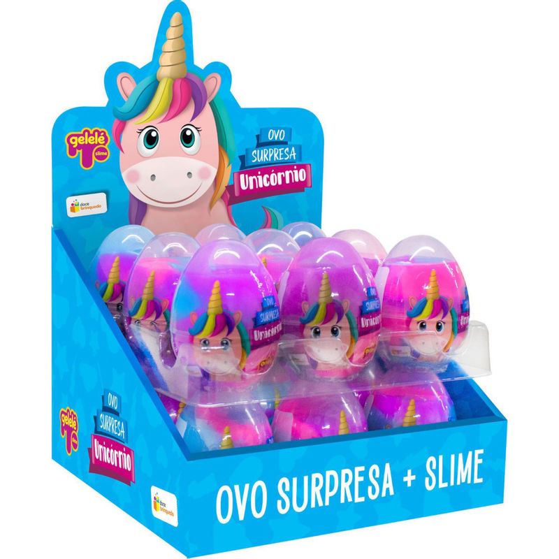 B - OVO SURPRESA UNICÓRNIO COM SLIME E TOPPERS NO DISPLAY COM 18 PEÇAS 