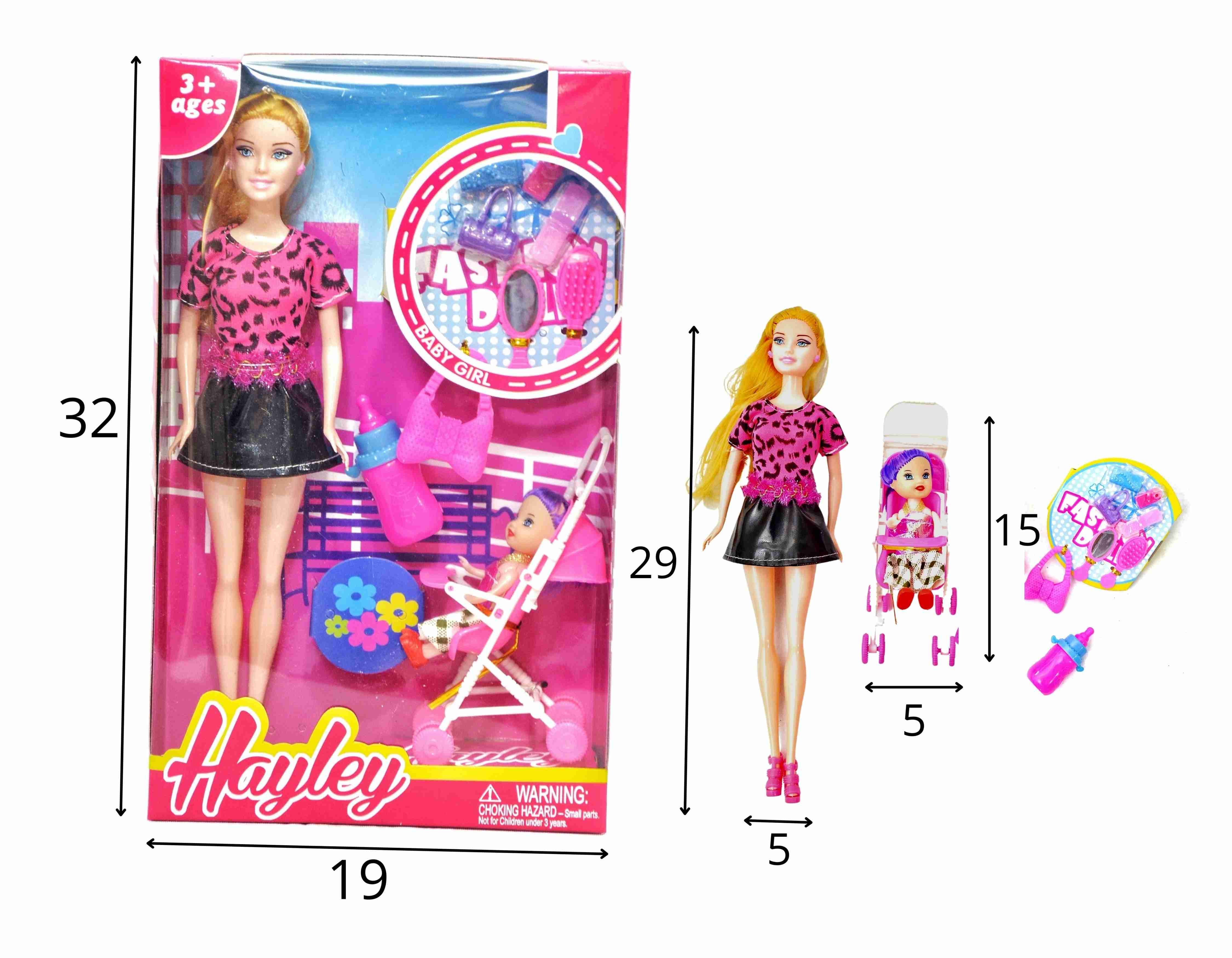 C - BONECA COM ACESSÓRIOS + CARRINHO DE BONECA + MINI BONECA PARA ANDAR NO CARRINHO. (CAIXA FECHADA R$ 29,99 + FT -> 12 PEÇAS)