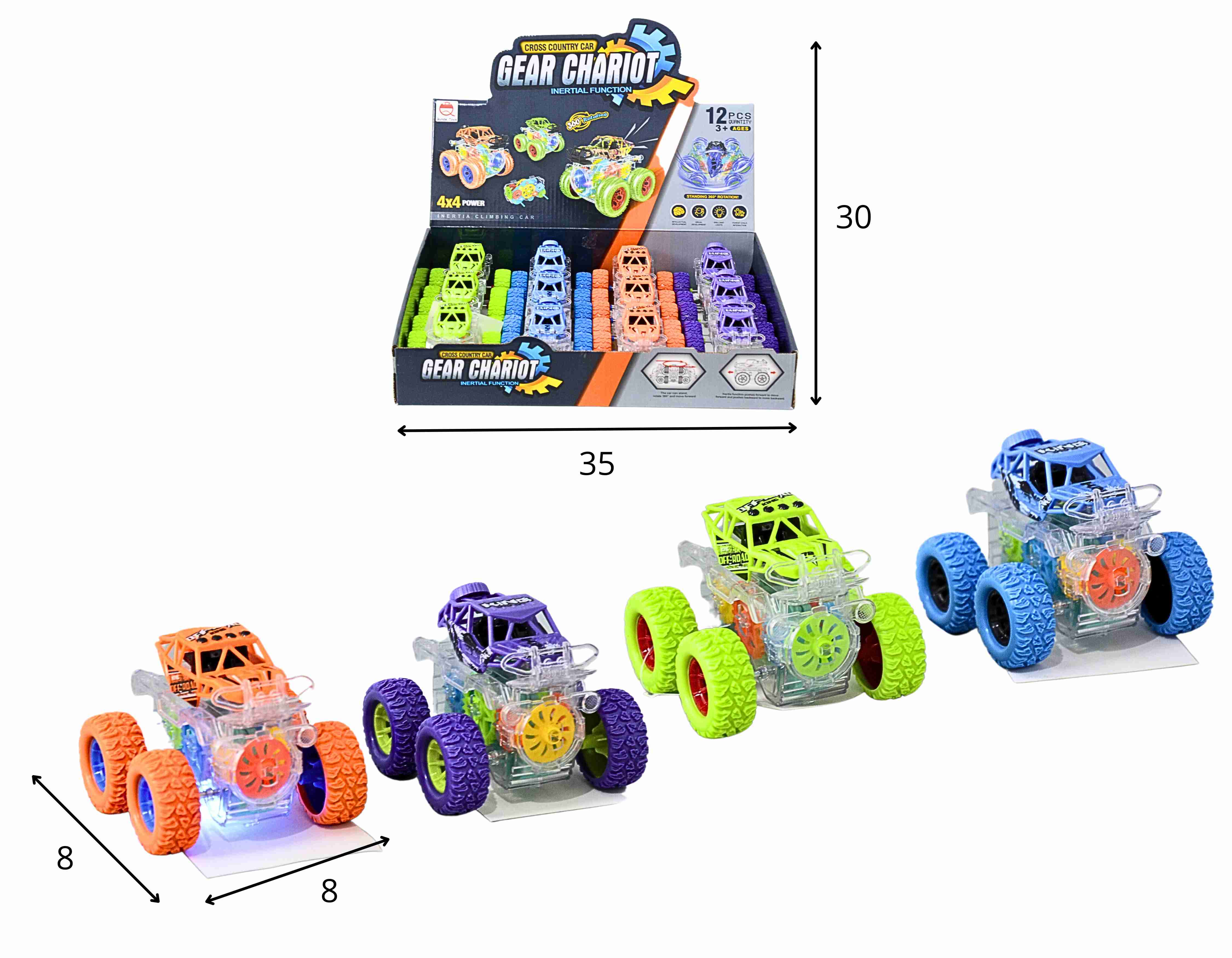 C - KIT CARROS BIG FOOT A FRICCAO, COM CORES VARIADAS, LUZ E SUSPENSAO TRANSPARENTE