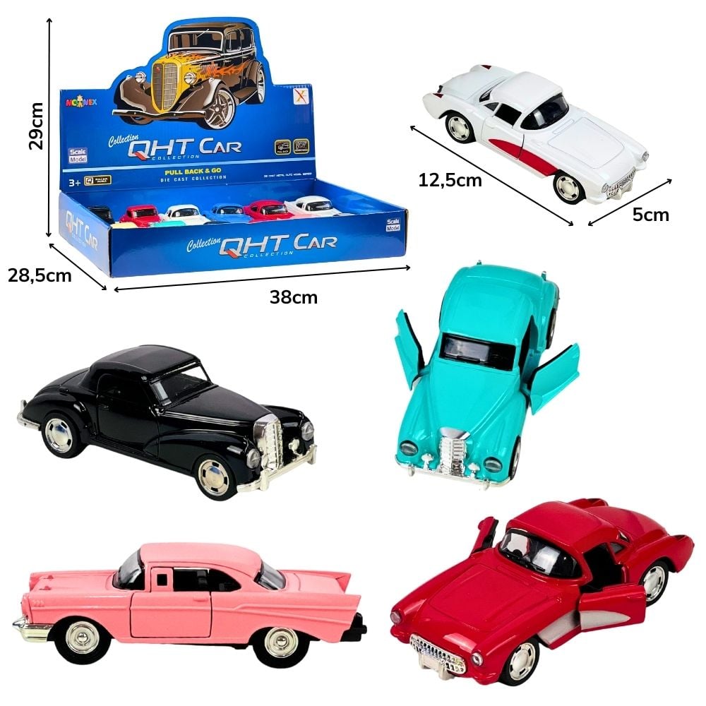 C - KIT COLEÇÃO CARROS DE METAL ANTIGOS A FRICCAO NO DISPLAY COM 12 PCS