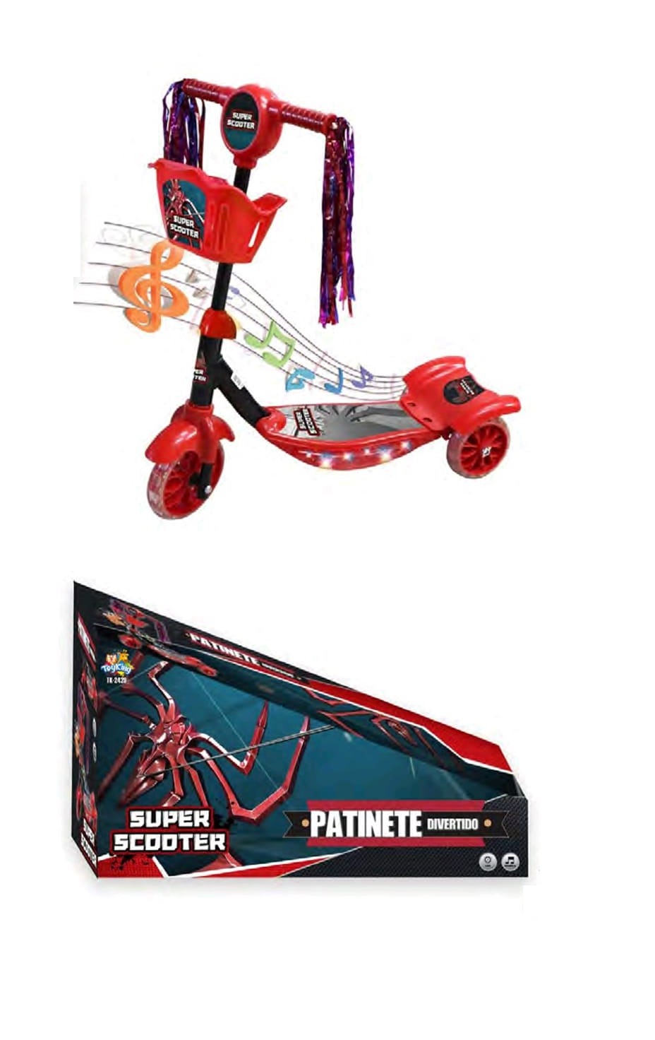 F - PATINETE SPIDERMAN COM 3 RODAS, CESTA, SOM E LUZ