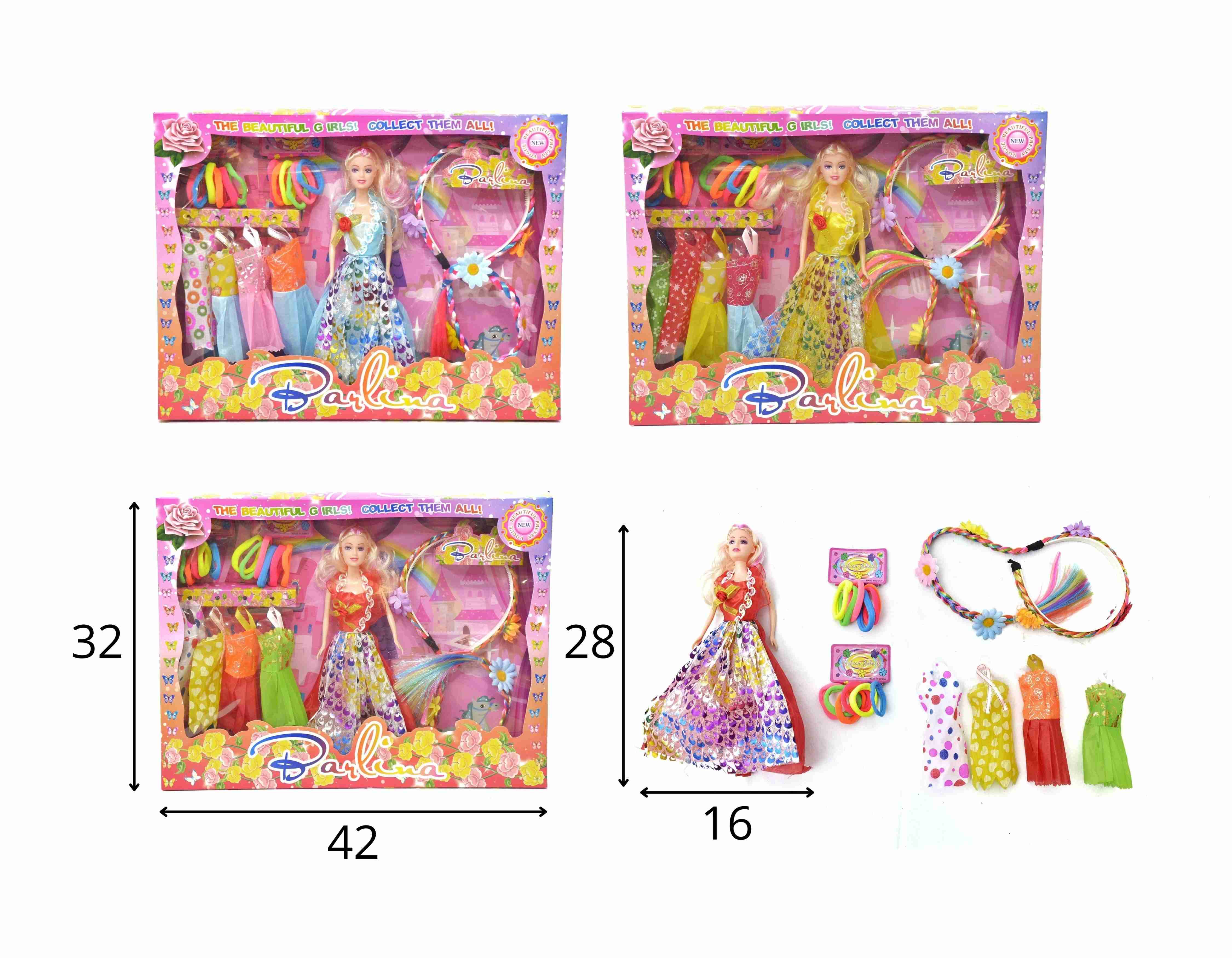 C - BONECA BARLINA COM COLEÇÃO DE VESTIDOS, XUXINHAS E TIARA COM TRANÇA (CAIXA FECHADA R$ 33,90 + FT -> 12 PEÇAS)