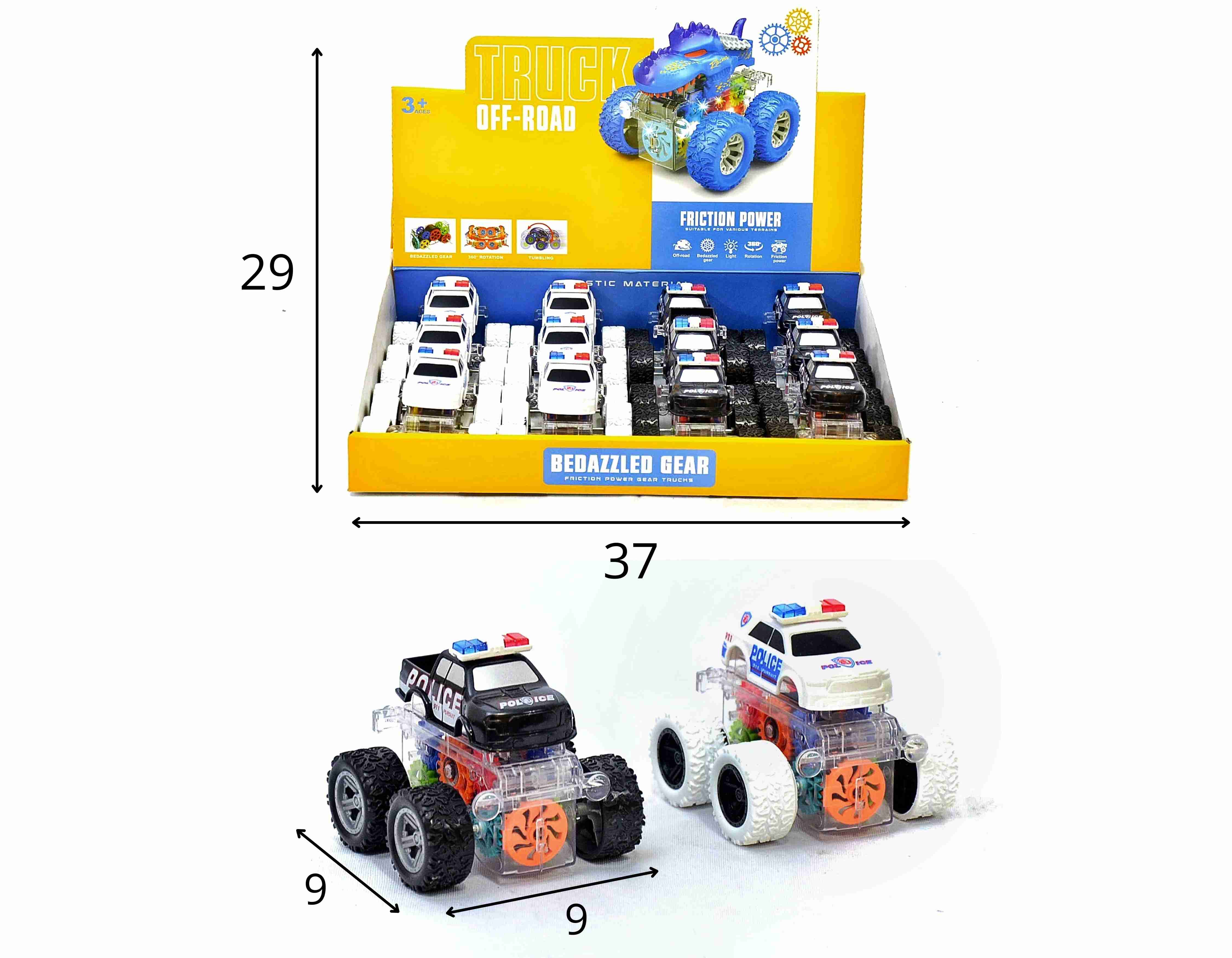C - KIT CARROS DE POLÍCIA A FRICCAO, COM SUSPENSAO MOSTRANDO AS ENGRENAGENS COLORIDAS, 2 CORES DISPONÍVEIS (CAIXA FECHADA R$ 17,59 + FT -> 36 PEÇAS)