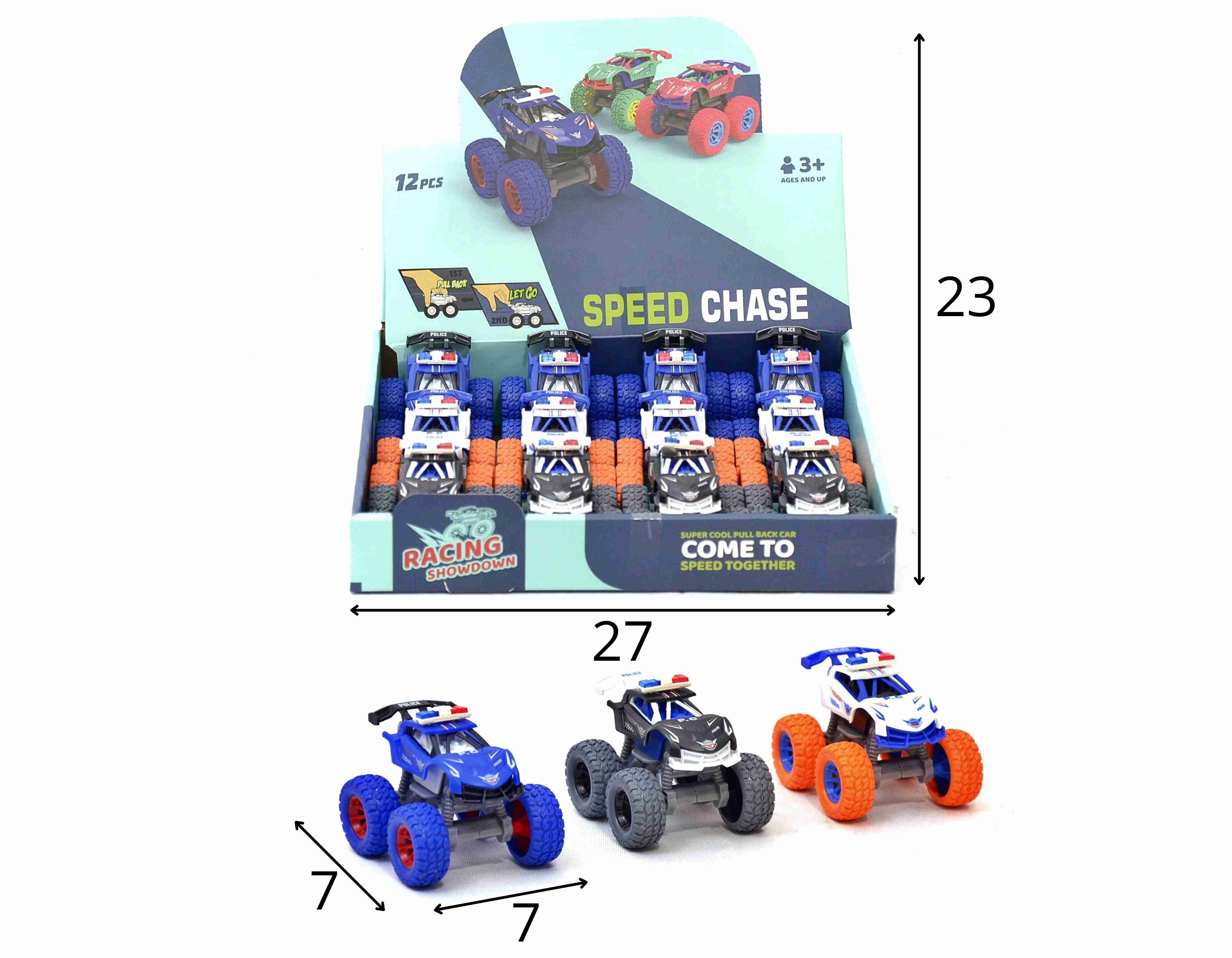 C - KIT CARROS DE POLÍCIA A FRICCAO COM CORES VARIADAS DISPLAY C/ 12 PEÇAS (CAIXA FECHADA R$ 10,79 + FT -> 36 PEÇAS)