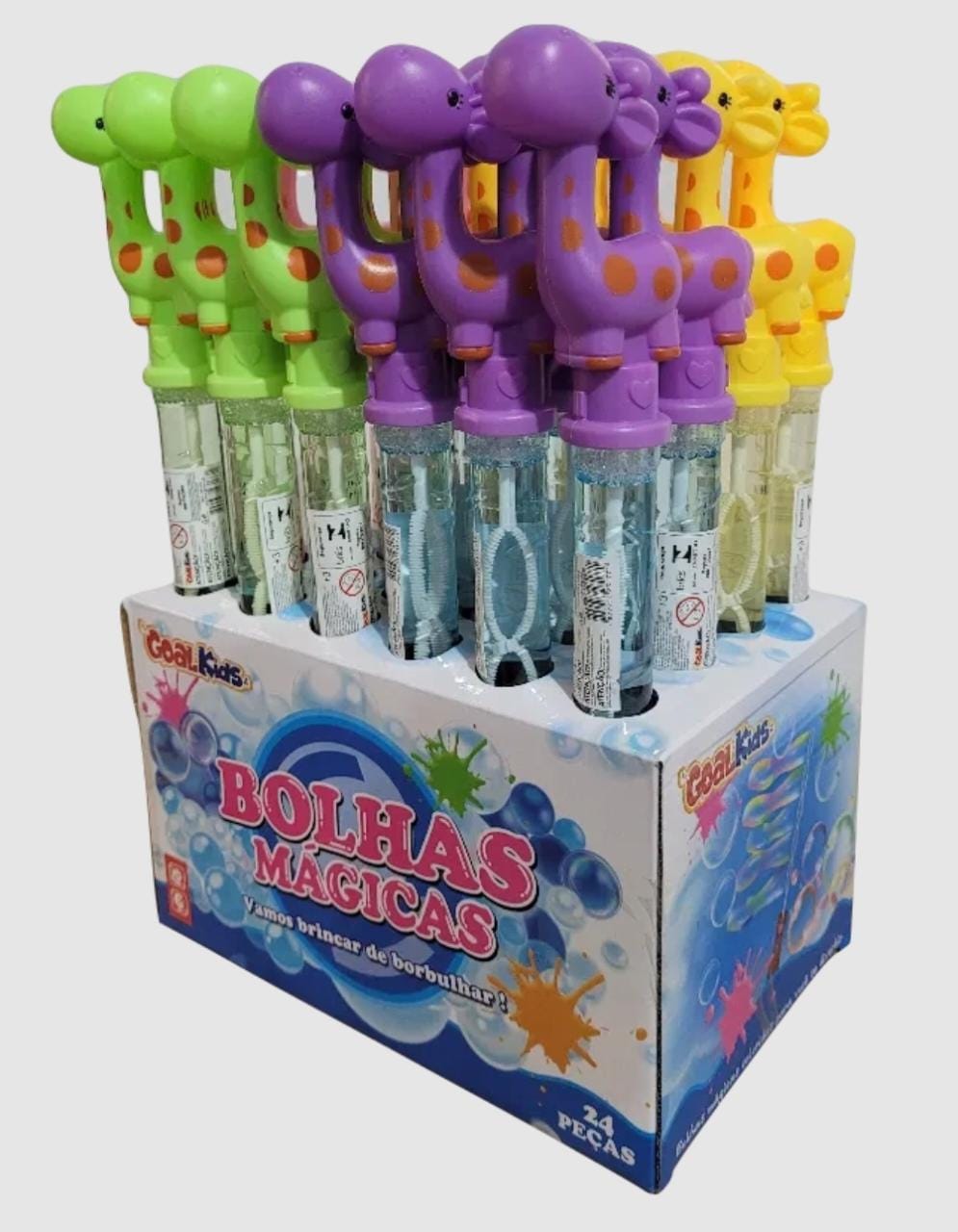 B - BASTÃO LANÇA BOLHAS DE SABÃO GIRAFAS NO DISPLAY COM 24 PEÇAS E CORES VARIADAS (CAIXA FECHADA R$ 7,29 + FT -> 48 PEÇAS)