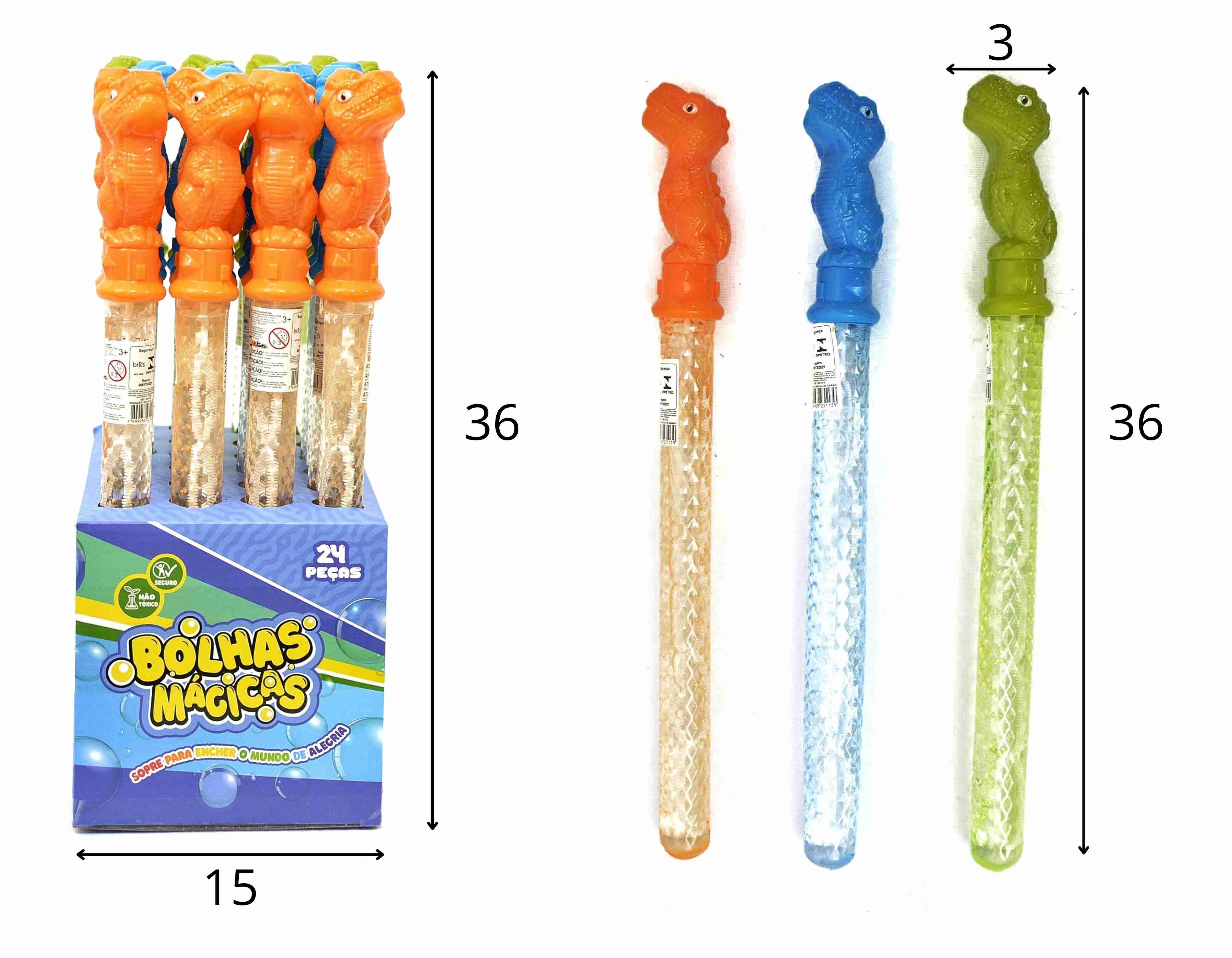 B - BASTÃO LANÇA BOLHAS DE SABÃO DINOSSAURO NO DISPLAY COM 24 PEÇAS E CORES VARIADAS 